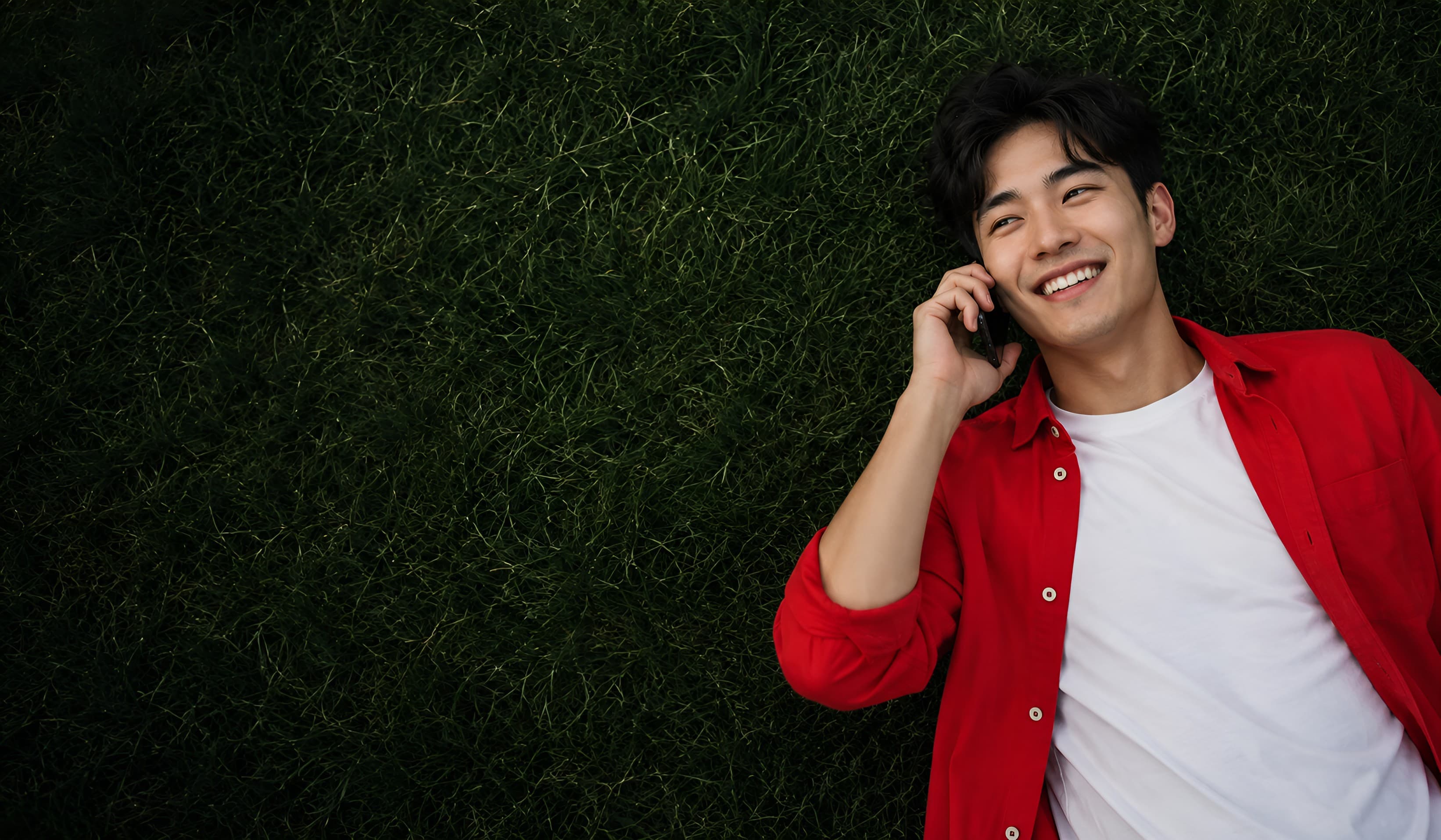 A KMP customer relaxing on the grass while talking on the phone