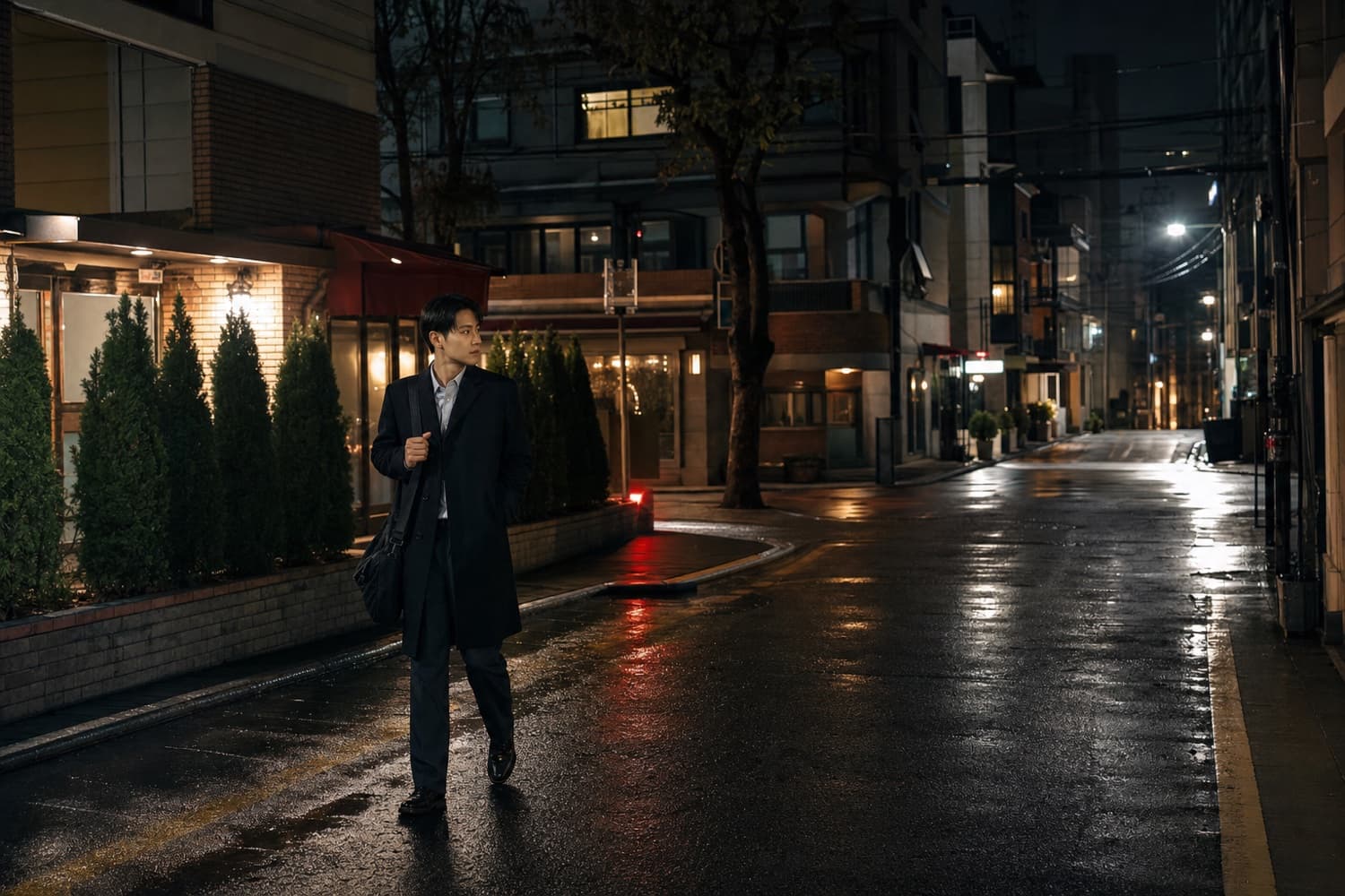 A person walking along a wet Seoul street at night
